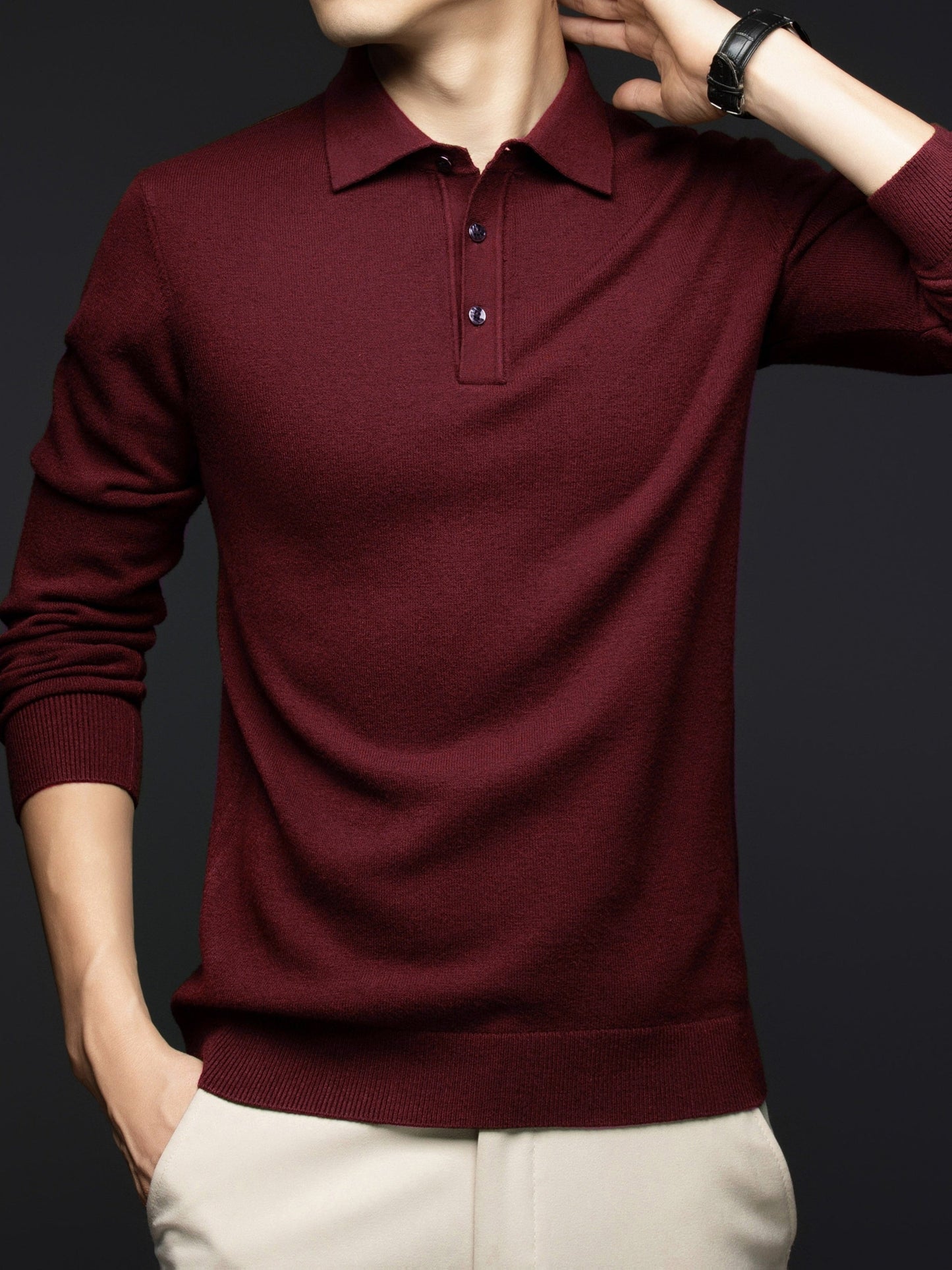 Herren Langarm Poloshirt Strickpullover mit Kragen und Knopfleiste