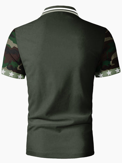 Herren Polo-Shirt mit Tarnmuster und Flaggen-Design, sportlich, Viertelreißverschluss, Outdoor-Stil