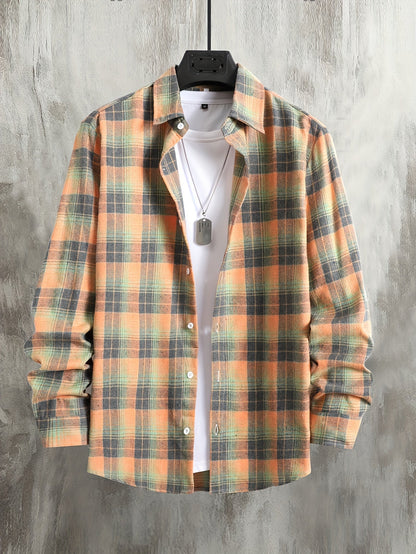 Herren Kariertes Hemd Langarm Orange Grün Freizeit Hemdbluse