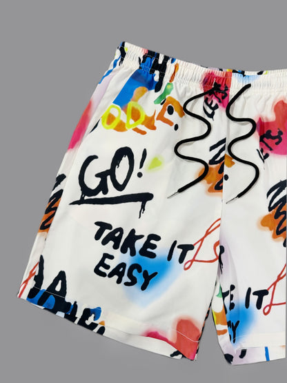 Herren Streetwear Shorts mit Graffiti-Print und Motivations-Sprüchen – Lässige Freizeithose für Alltag und Strand