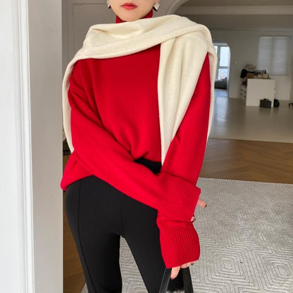 Damen Rollkragenpullover Strickpullover Oversize Pullover mit Rippbündchen