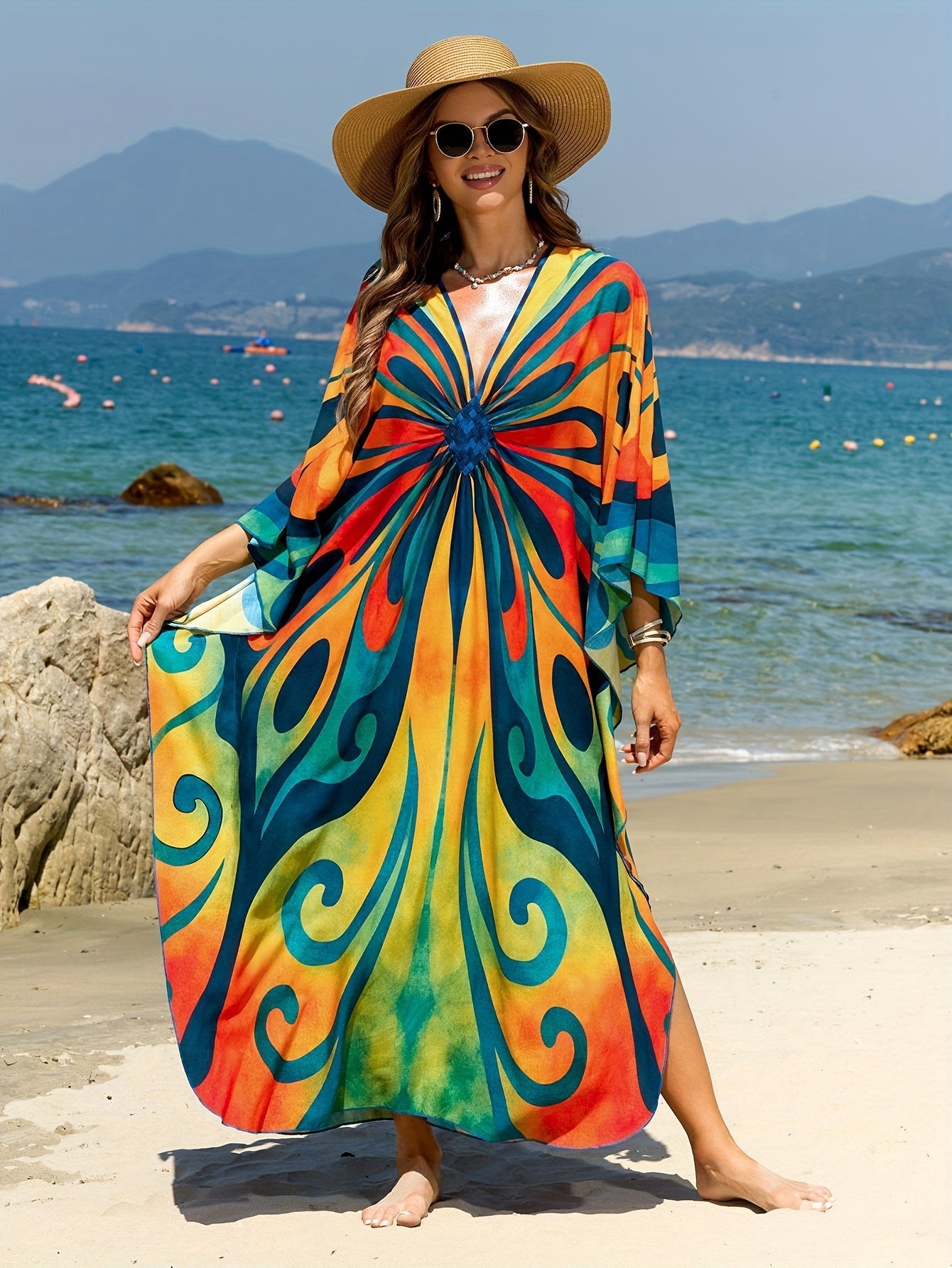 Damen Kaftan Maxi Strandkleid mit Batikmuster – Boho Überwurf für Urlaub & Strand