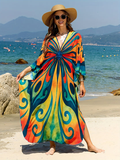 Damen Kaftan Maxi Strandkleid mit Batikmuster – Boho Überwurf für Urlaub & Strand