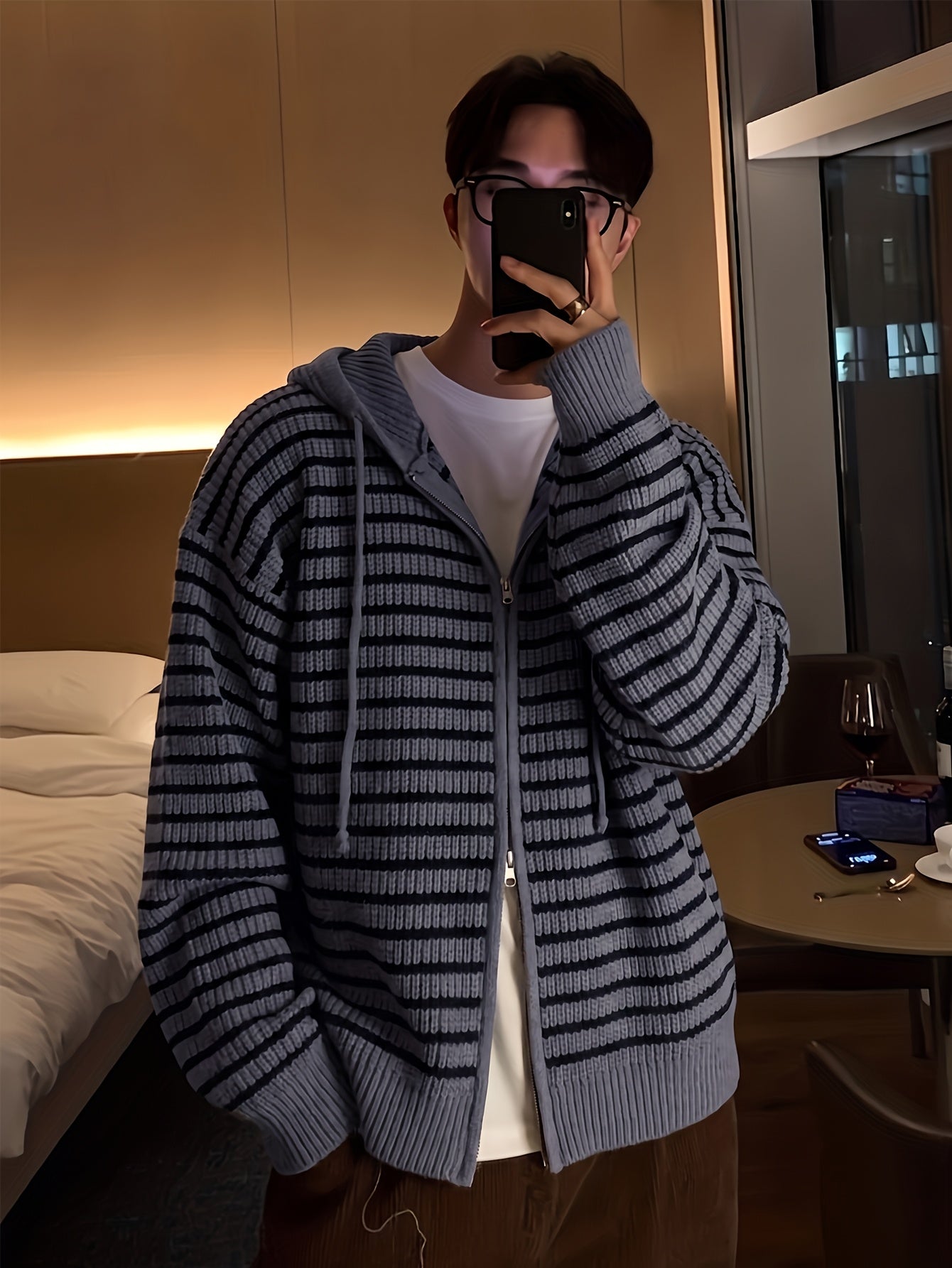 Gestreifter Strick Hoodie Jacke mit Reißverschluss für Herren