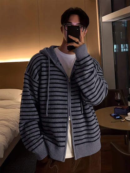 Gestreifter Strick Hoodie Jacke mit Reißverschluss für Herren