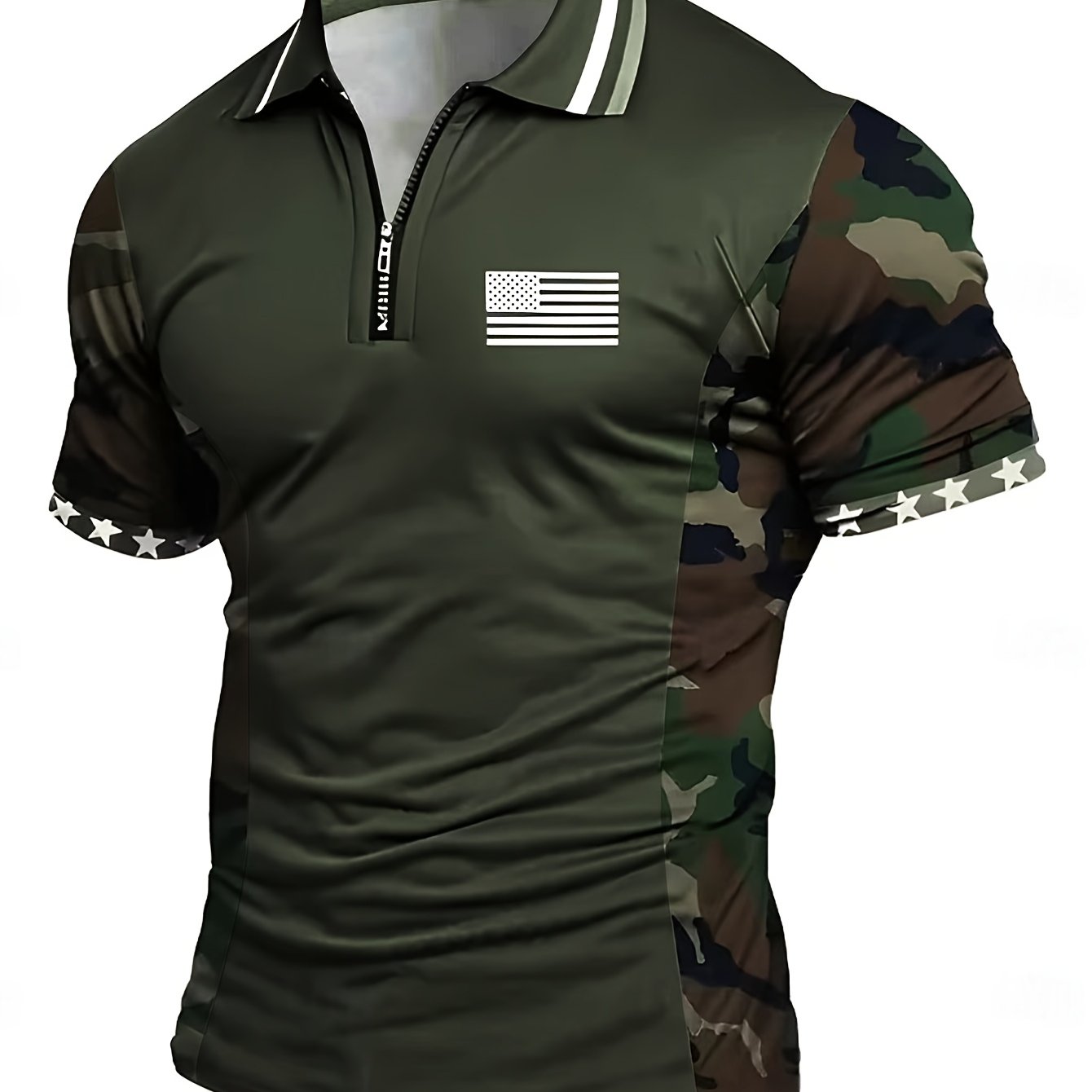 Herren Polo-Shirt mit Tarnmuster und Flaggen-Design, sportlich, Viertelreißverschluss, Outdoor-Stil