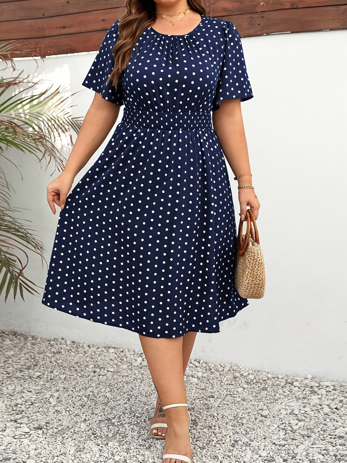 Damen Polka Dot Kleid Elegant Sommer Freizeit Midi Fit & Flare