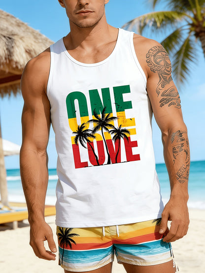 Herren Tanktop mit One Love Print und Palmen Grafik – Reggae Style für Strand und Freizeit