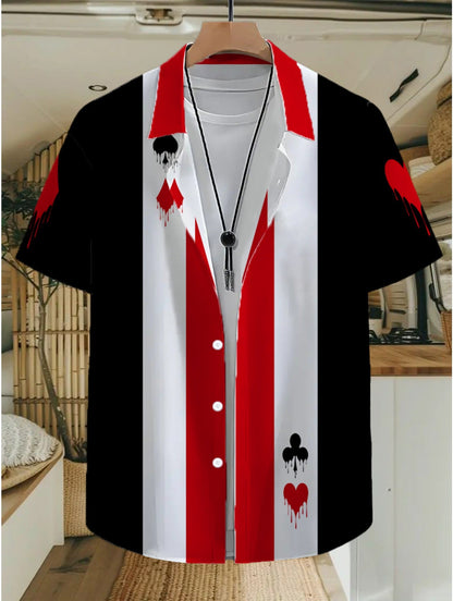 Herren Freizeit Hemd mit Spielkarten-Motiv und modernem Print – Kurzarm, Knopfleiste, auffälliger Style