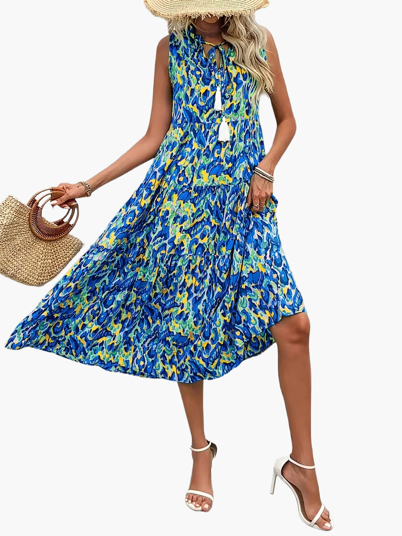 Damen Sommerkleid Elegant Boho Style Ärmellos Midi Freizeitkleid mit Kordel und Quasten