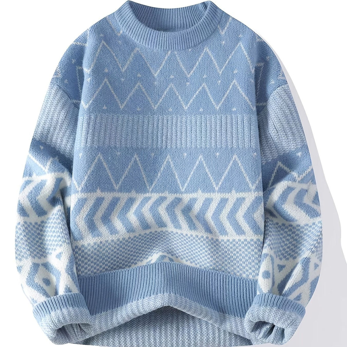 Unisex Pullover Strickpulli Himmelblau mit geometrischem Muster Rundhals Langarm