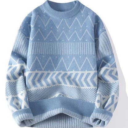 Unisex Pullover Strickpulli Himmelblau mit geometrischem Muster Rundhals Langarm