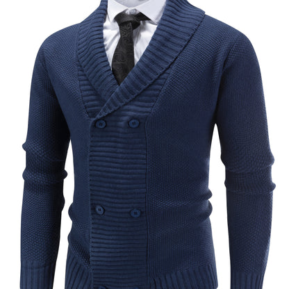 Herren Strickjacke Beige Zweireiher Schalkragen Strick Cardigan