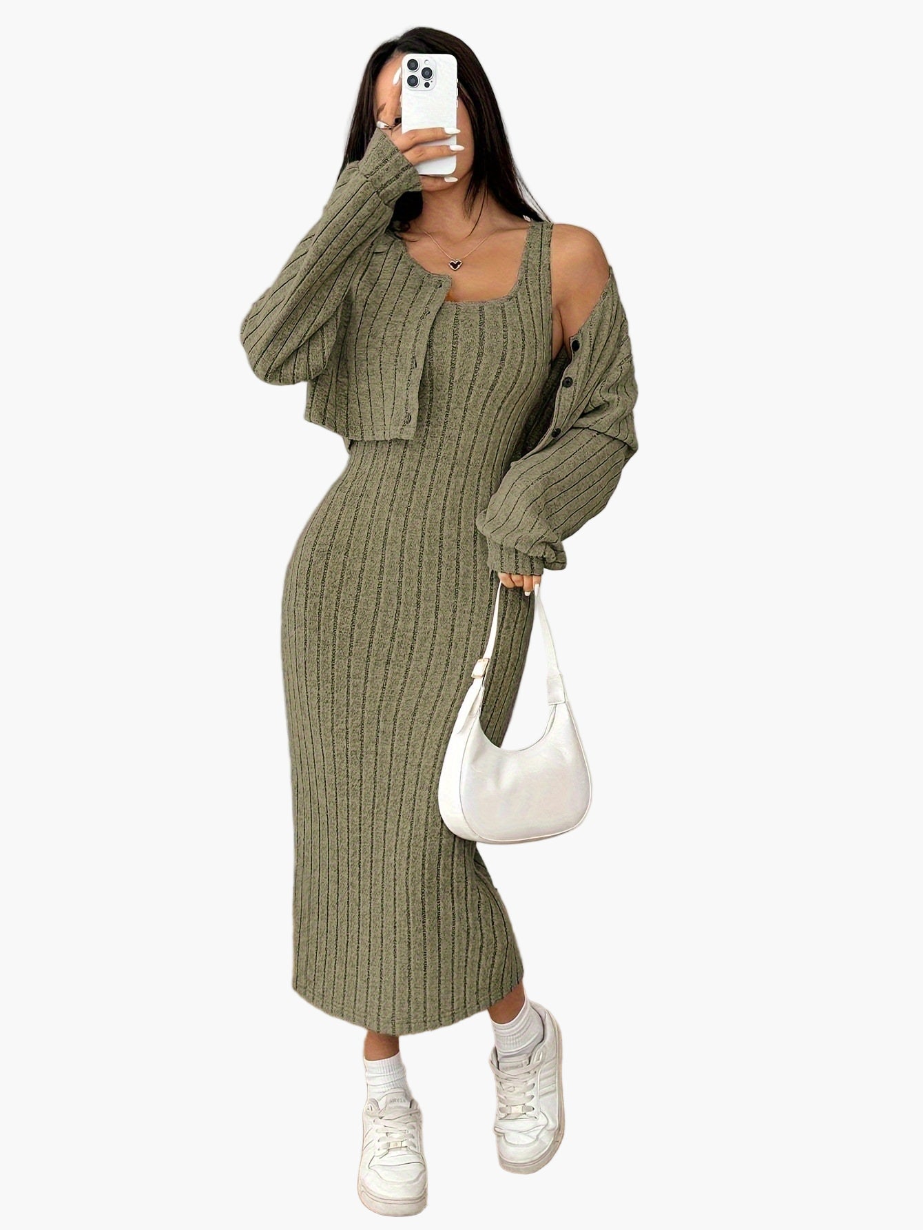 Damen Strickkleid Set Elegant Zweiteiler mit Knopfleiste – Modisch & Vielseitig für Alltag und Freizeit