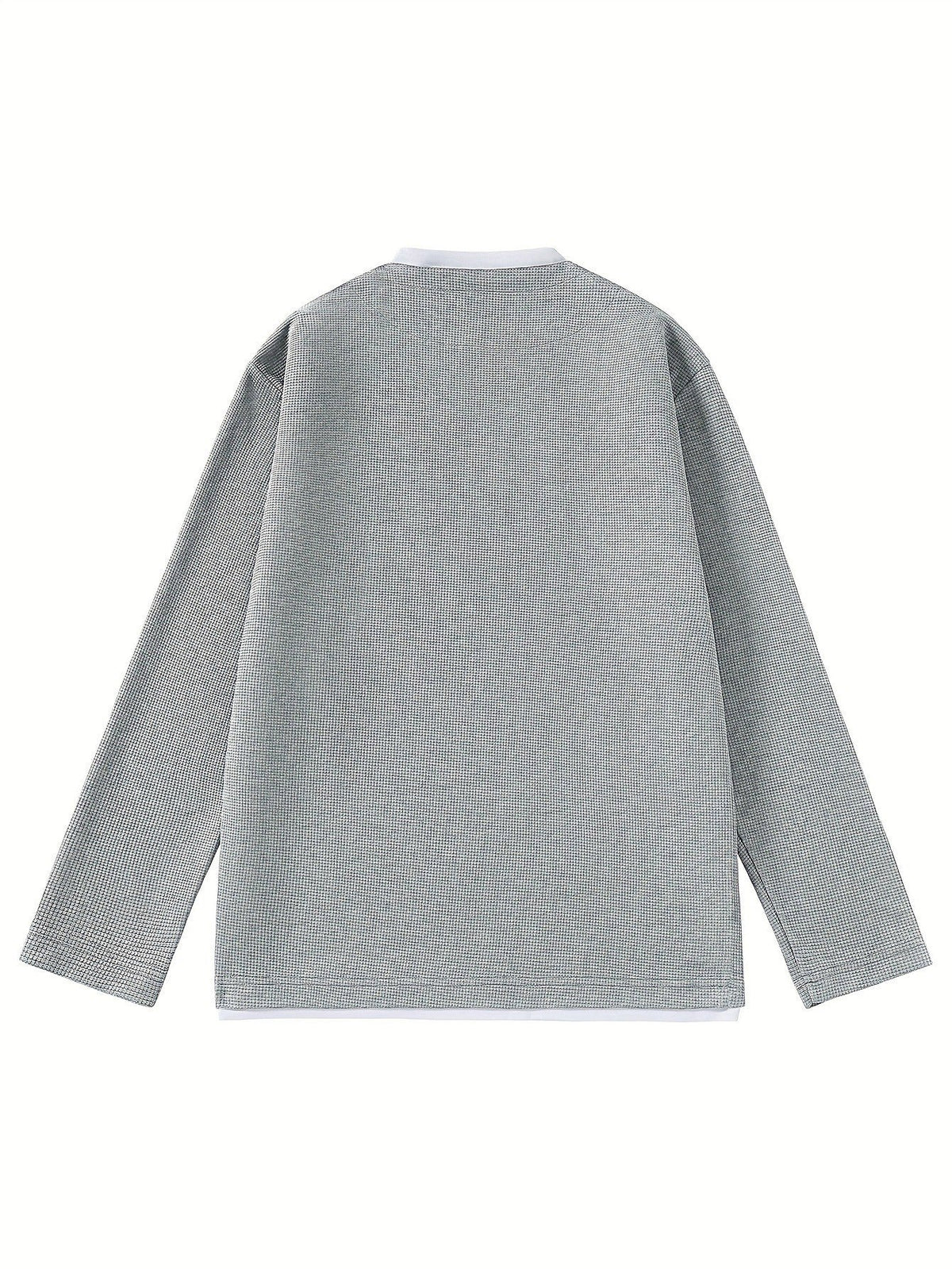 Herren Langarmshirt Waffelstrick Optik V-Ausschnitt Grau/Schwarz