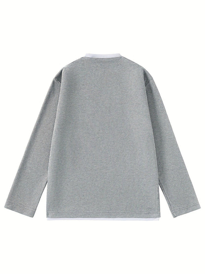 Herren Langarmshirt Waffelstrick Optik V-Ausschnitt Grau/Schwarz
