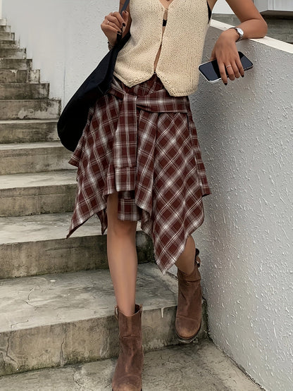 Damen Asymmetrischer Streetstyle-Rock mit Karo-Design und Knotendetail