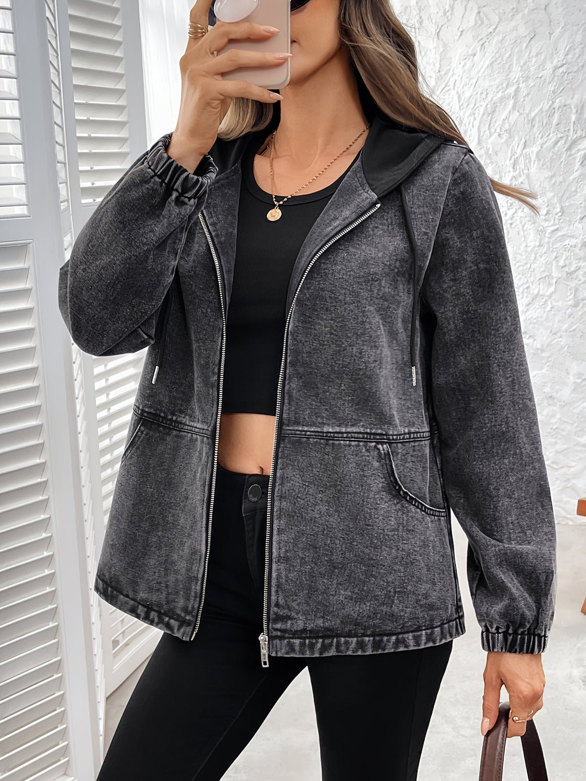 Damen Jacke mit Kapuze & Reißverschluss, verwaschene Optik, Grau