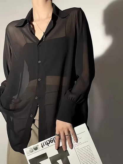 Damen Bluse Transparente Oversize Hemdbluse Modern Elegant