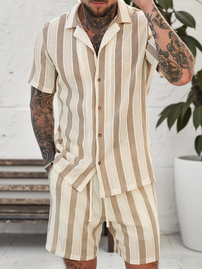 Herren Set Kurzarmhemd und Shorts im lässigen Streifen-Design für Sommer und Freizeit