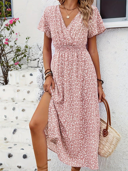 Damen Sommerkleid Elegant mit Blumenmuster und Schlitz – Perfekt für Alltag und Urlaub