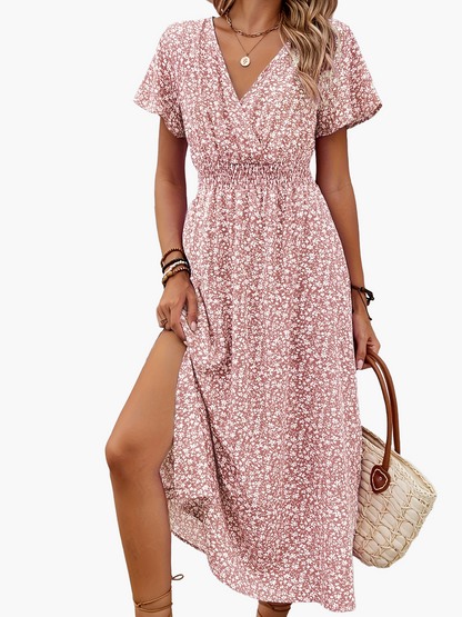 Damen Sommerkleid Elegant mit Blumenmuster und Schlitz – Perfekt für Alltag und Urlaub