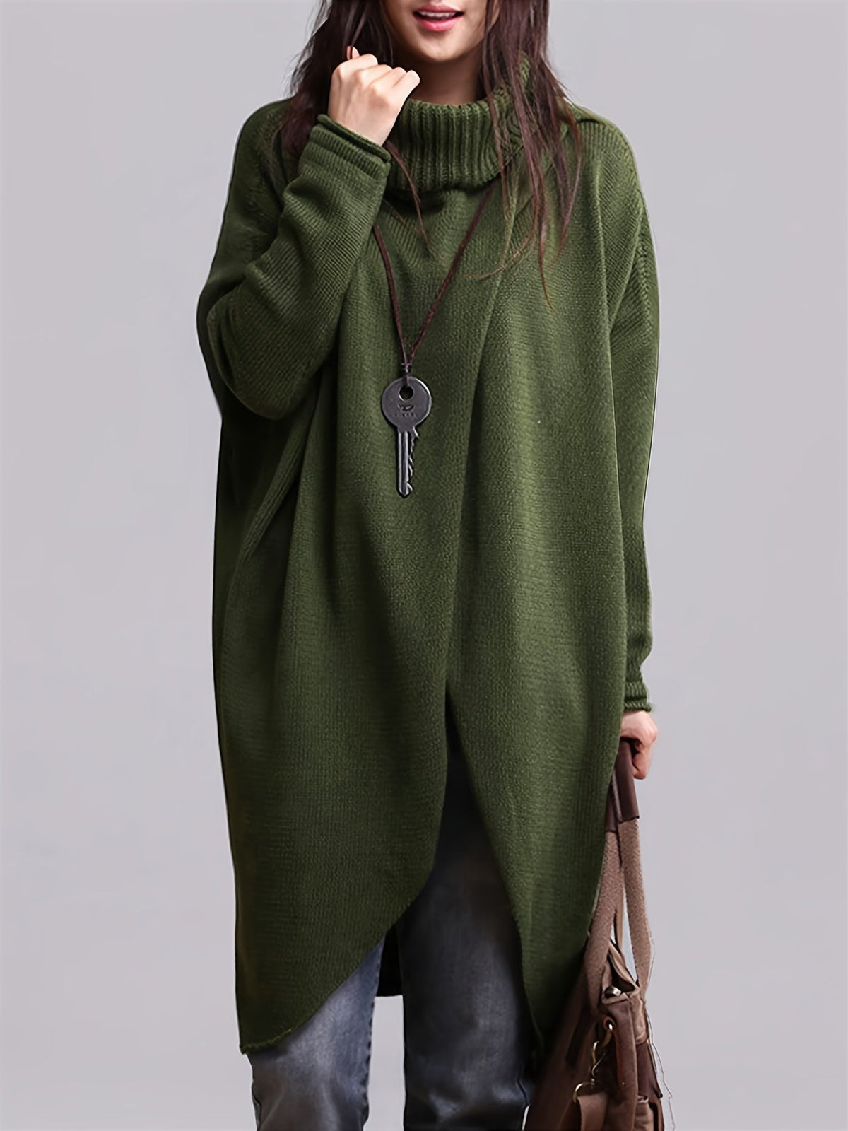 Damen Rollkragen Pullover Longshirt Asymmetrischer Saum Strick Grün