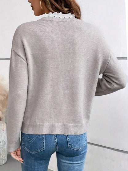 Damen V-Ausschnitt Pullover mit Spitzenborte, Langarm Strickpullover