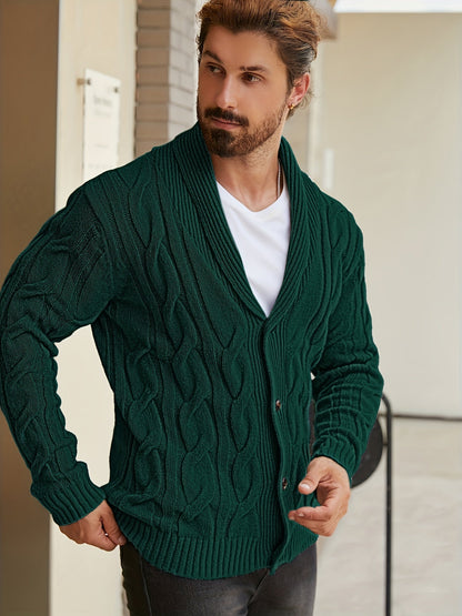 Herren Strickjacke Zopfmuster Schalkkragen Knopfleiste