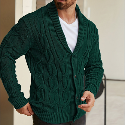 Herren Strickjacke Zopfmuster Schalkkragen Knopfleiste