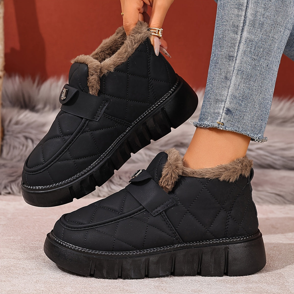 Damen Winterstiefeletten Schwarz Gesteppt mit Plüschfutter