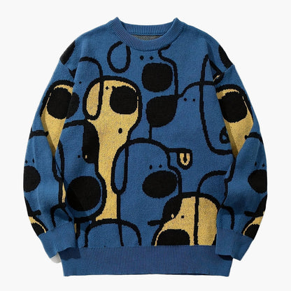 Herren Pullover mit abstraktem Hunde-Muster, lockerer Strick, ideal für Herbst und Winter, Casual Style