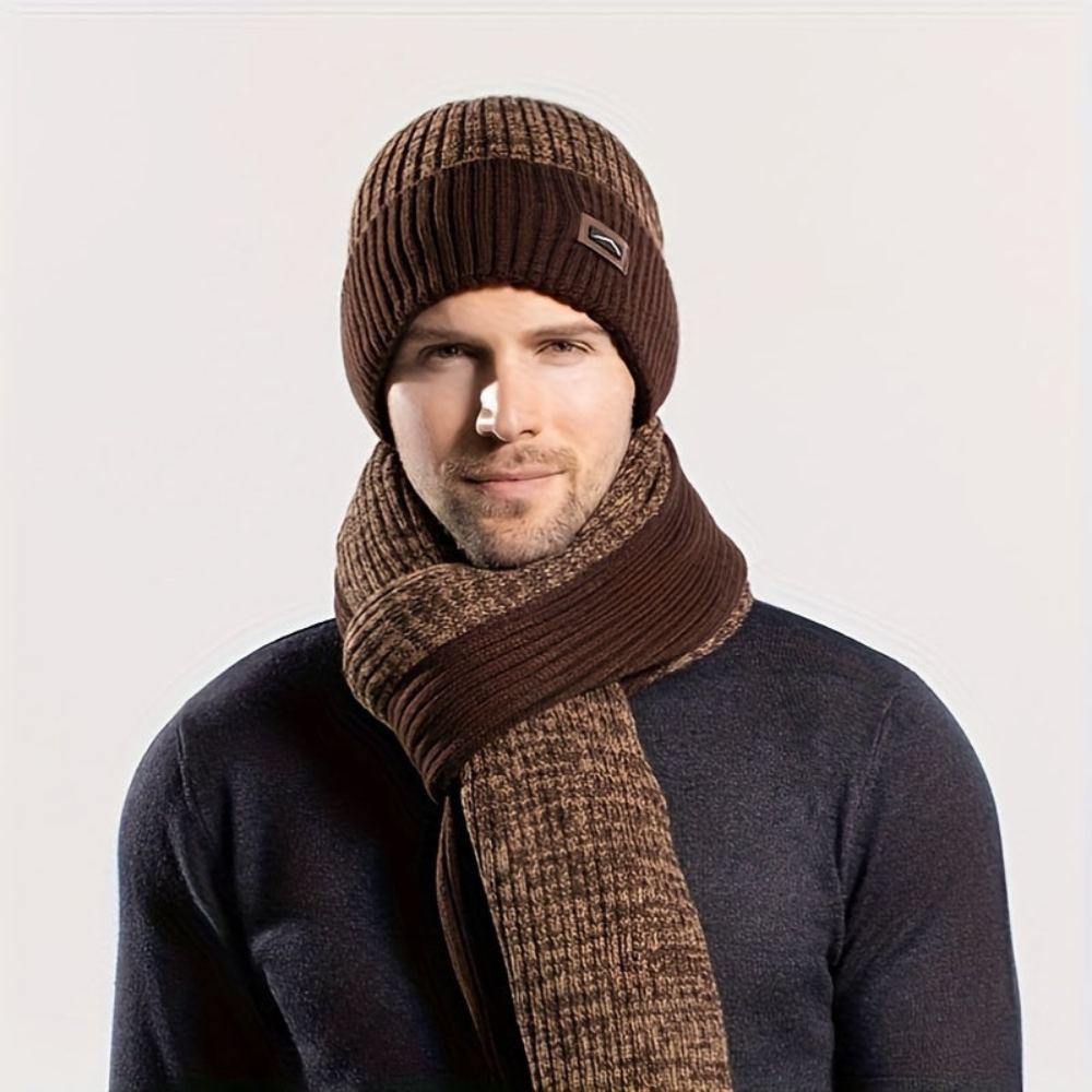 Unisex Wintermütze Schal Handschuhe Set, Gestrickt mit Innenfutter, Grau Melange