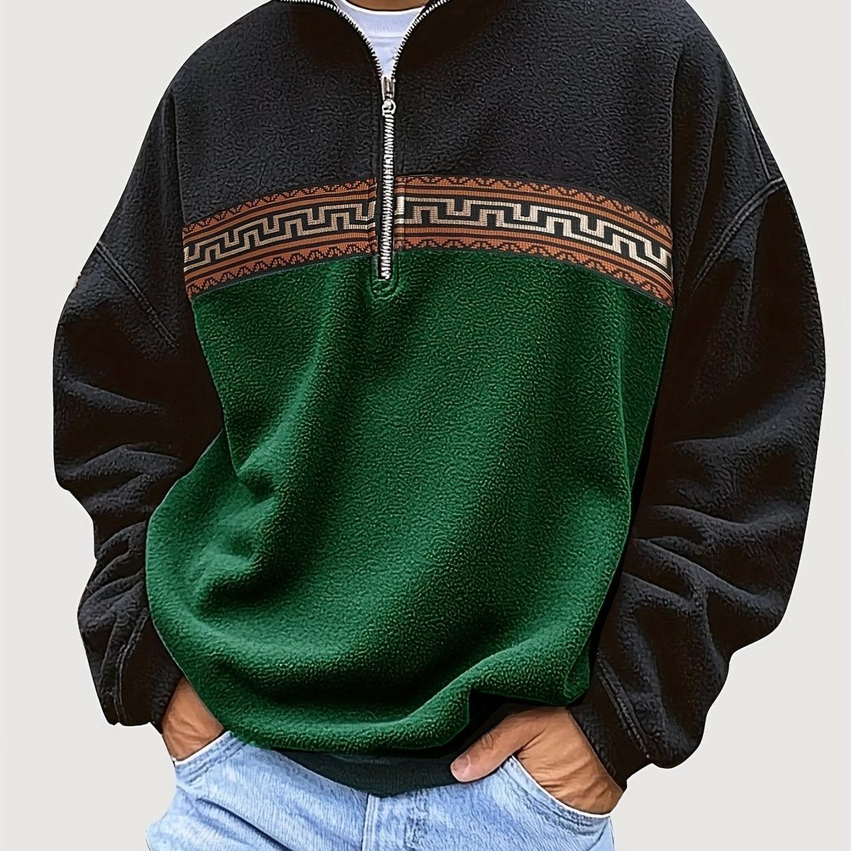 Herren Fleece-Pullover mit Reißverschluss, Stehkragen und Aztekenmuster
