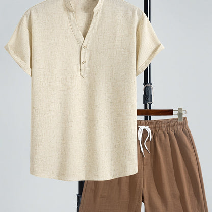 Herren Freizeit Set – Modernes Henley Shirt mit Shorts, Zweiteiliges Outfit für entspannte Anlässe
