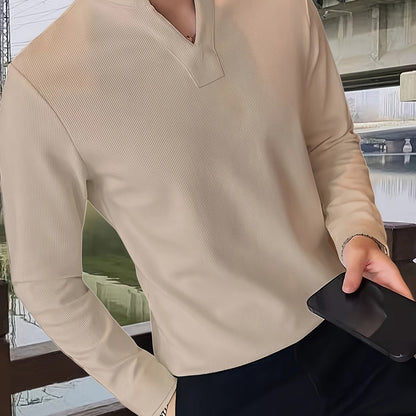 Herren Langarmshirt Henley Kragen Gerippt Weiß Freizeitshirt
