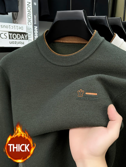 Herren Pullover Rundhals Langarm Strickpullover Warmgefüttert mit Rippbündchen