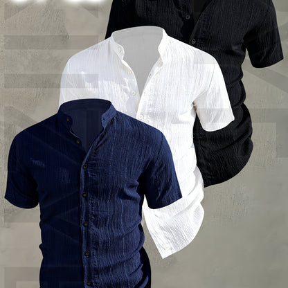 Herren 3er-Pack Stehkragen Hemden – Modischer Freizeit Look, Kurzarm, Knopfleiste
