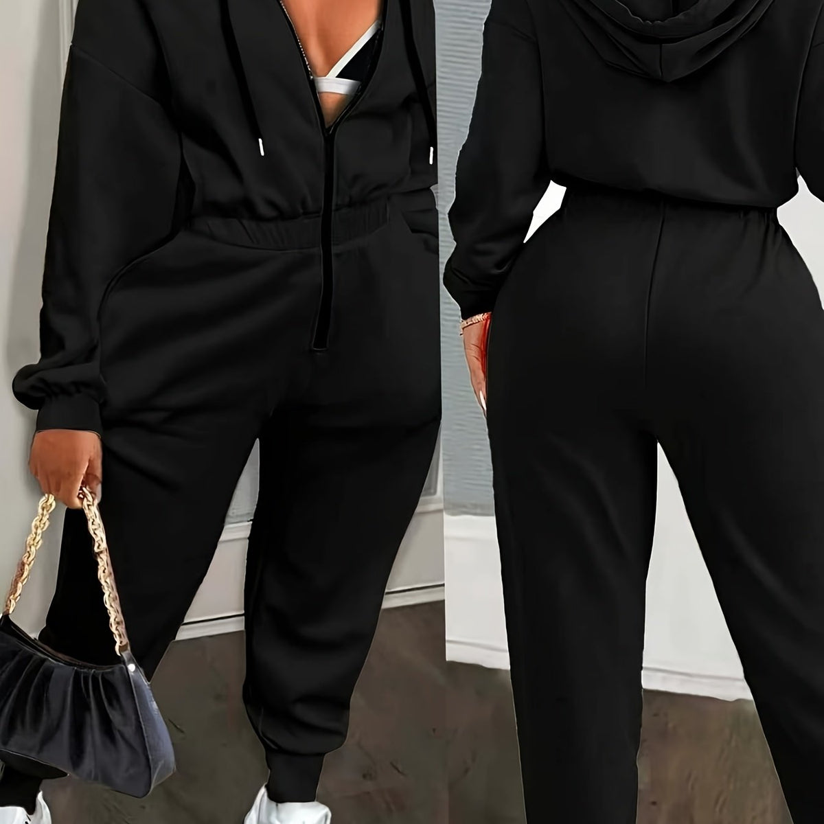 Damen Jumpsuit mit Kapuze Reißverschluss und elastischer Taille – Einteiler Freizeitanzug