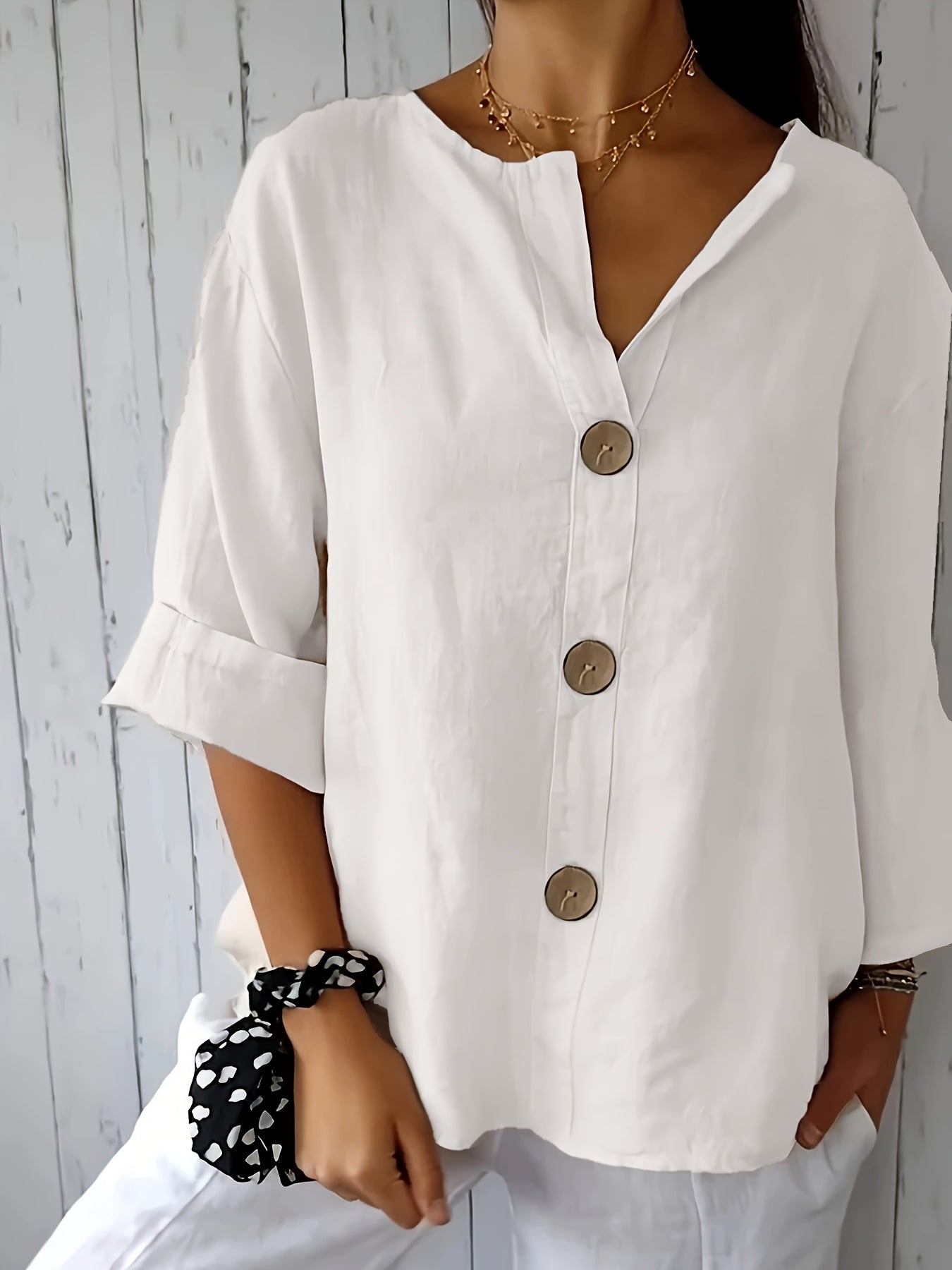 Damen Bluse mit Knopfleiste und 3/4-Ärmeln – Casual Eleganz für Alltag & Büro