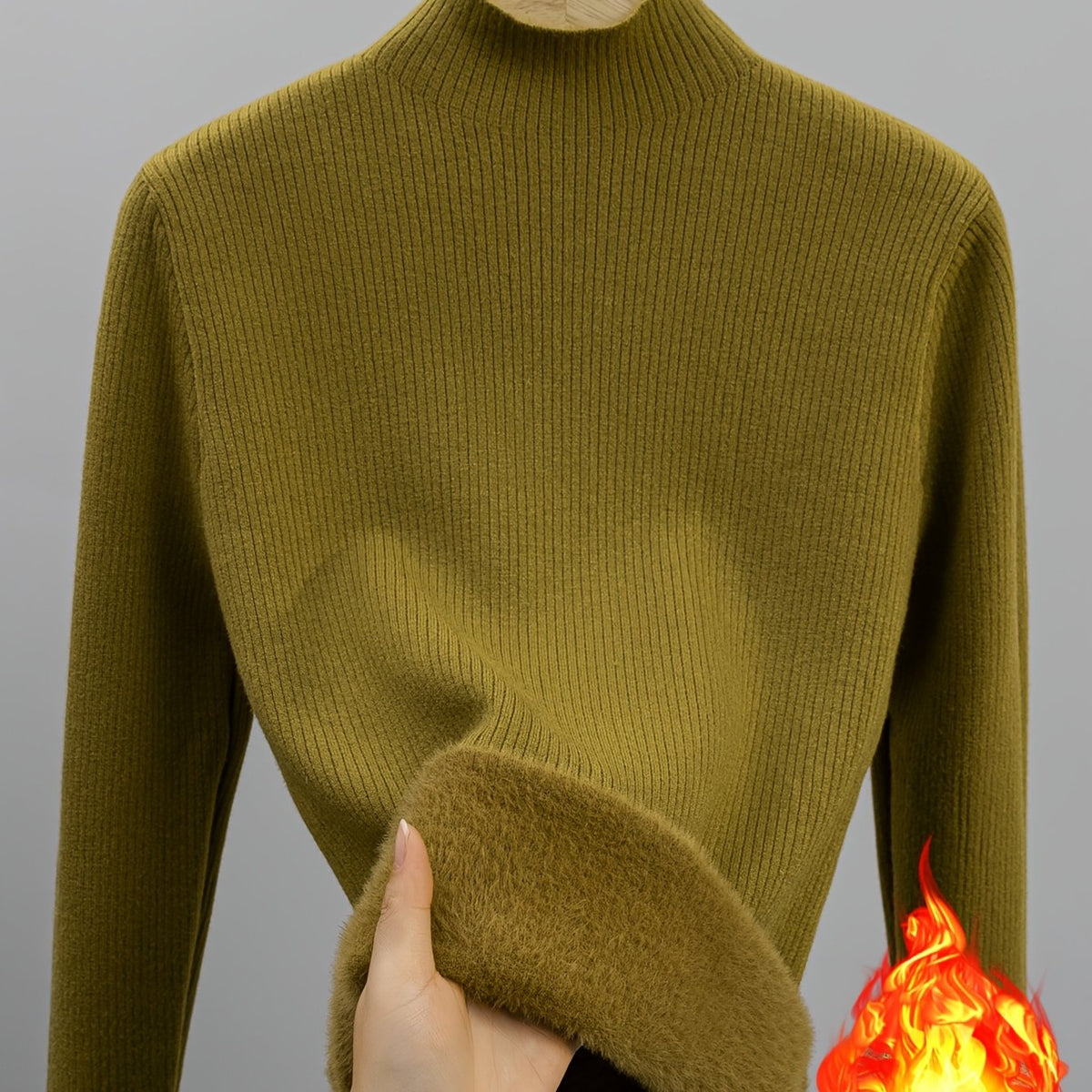 Damen Rippstrick Pullover Stehkragen mit flauschigem Innenfutter Beige