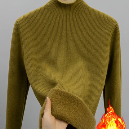 Damen Rippstrick Pullover Stehkragen mit flauschigem Innenfutter Beige
