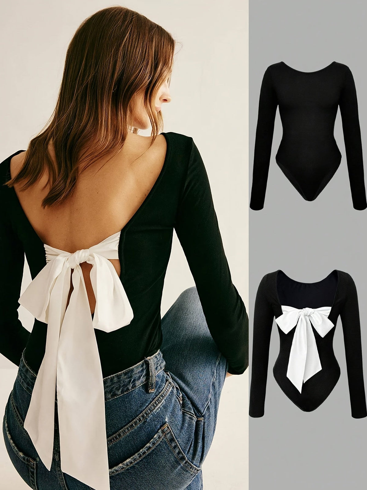 Damen Body Langarm Schwarz mit Großer Weißer Schleife Vorn/Hinten