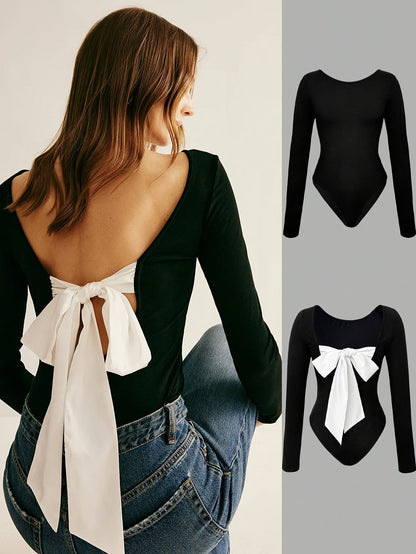 Damen Body Langarm Schwarz mit Großer Weißer Schleife Vorn/Hinten