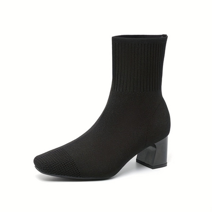 Damen Gestrickte Stiefeletten Blockabsatz Beige Spitz zulaufend Stretch Kurzstiefel