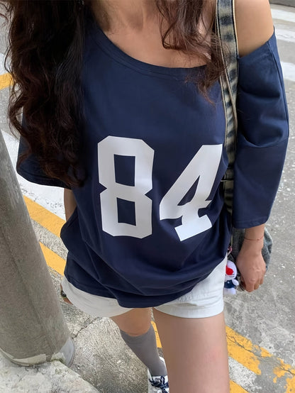 Damen Oversize Varsity-Style T-Shirt mit Zahlendruck – Lockeres Streetwear für Freizeit & Alltag
