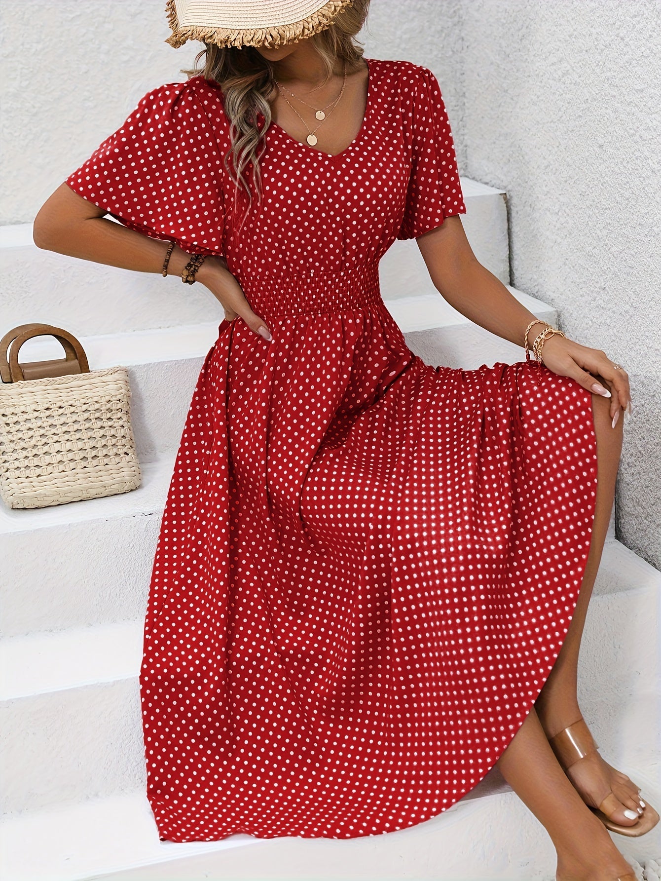 Damen Polka Dot Sommerkleid mit V-Ausschnitt – Elegantes Freizeit Maxikleid
