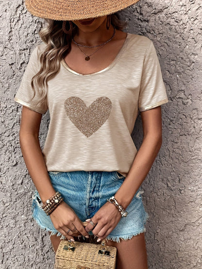 Damen T-Shirt mit Herz-Print und Metallic-Details – Modisches Freizeitshirt mit V-Ausschnitt
