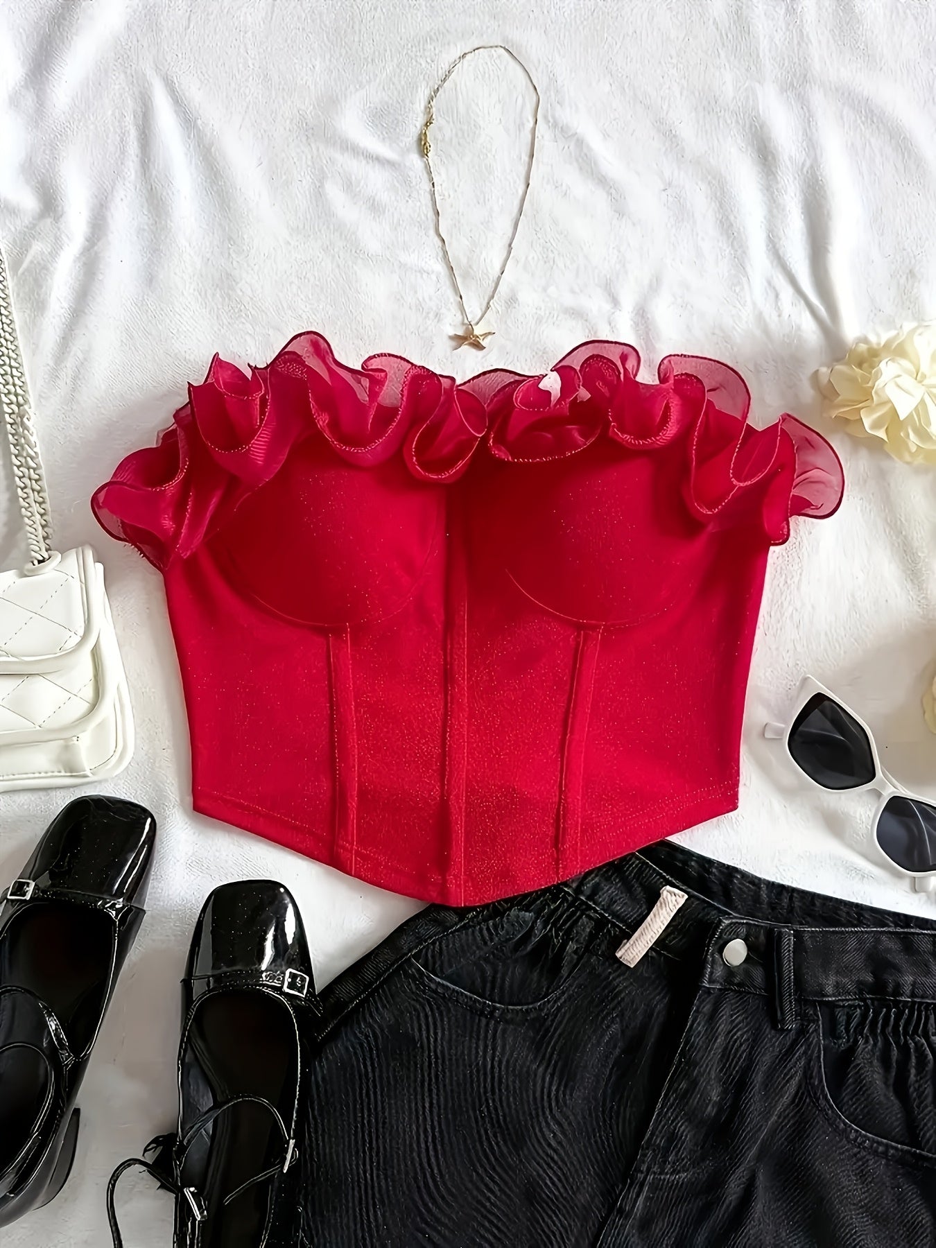 Damen Bustier Top schulterfrei mit Volant und Rüschen – Elegantes Party- und Ausgeh-Oberteil