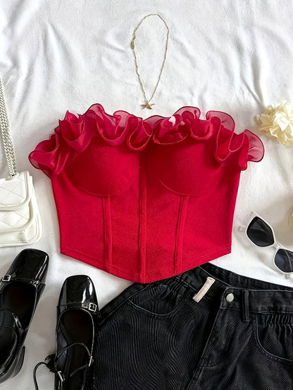 Damen Bustier Top schulterfrei mit Volant und Rüschen – Elegantes Party- und Ausgeh-Oberteil